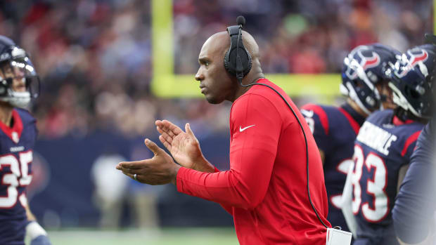 Texans head coach DeMeco Ryans reacts during the first quarter against the Cleveland Browns at NRG Stadium.